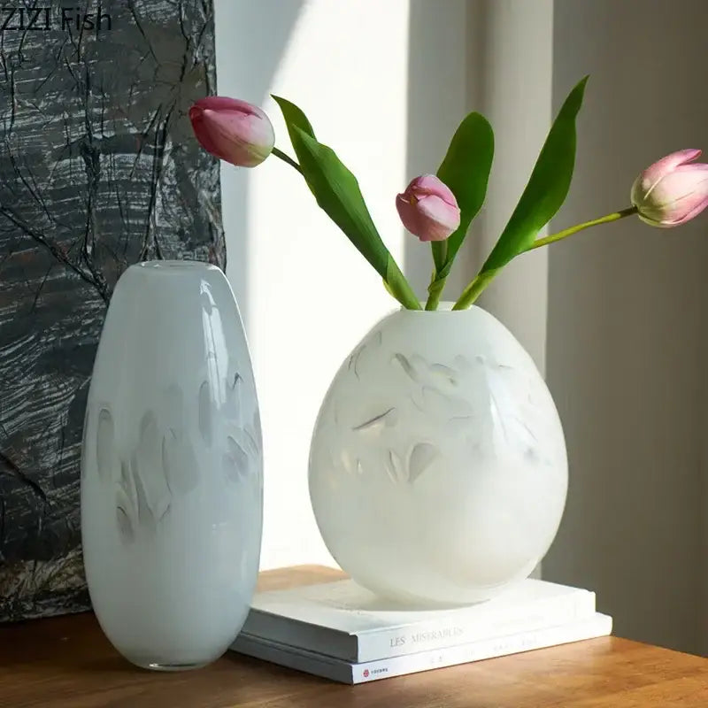 Elegant white ceramic decorbites glass vases with gray leaf etchings for hydroponic flower pot table decor