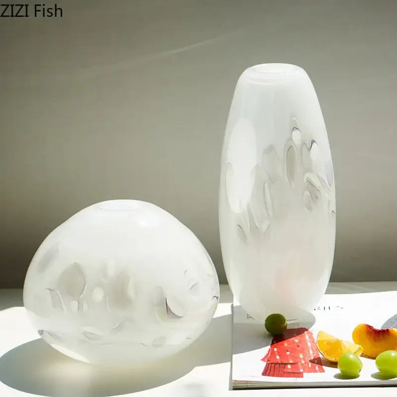 White frosted glass decorbites glass vase with subtle abstract etched patterns for elegant hydroponic table decor
