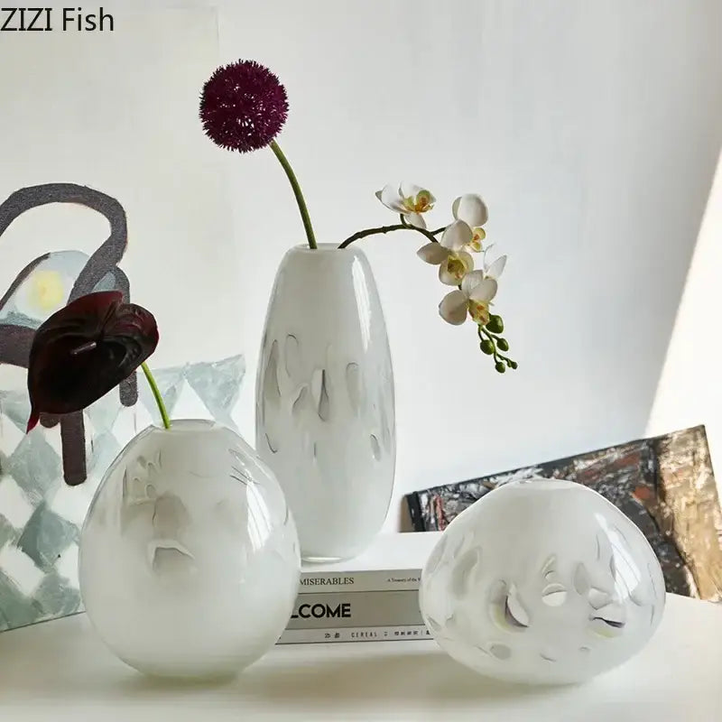 White ceramic decorbites glass vase with frosted abstract cut-out patterns for elegant table decor and hydroponic use