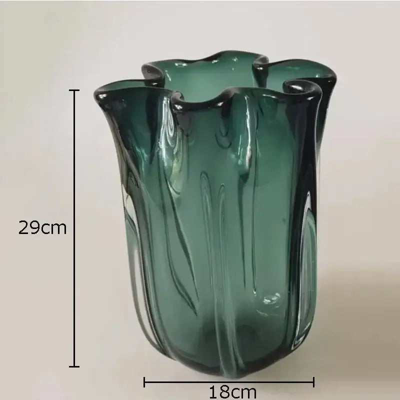 DecorBites glass vase hydroponics desk decoration in translucent teal glass with fluted tulip rim and vertical ridges