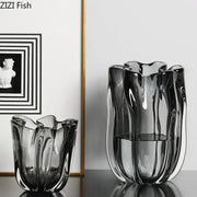 Two translucent gray decorbites glass vases with tulip-like ruffled design for glass vase hydroponics desk decor