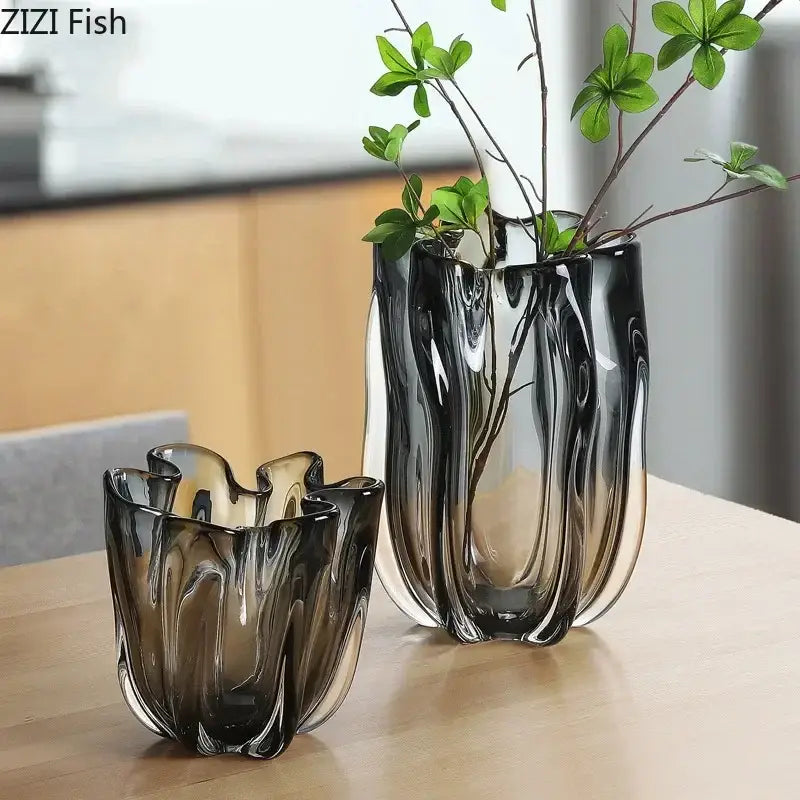 Elegant decorbites glass vase in dark smoked glass with sculpted contours for glass vase hydroponics desk use