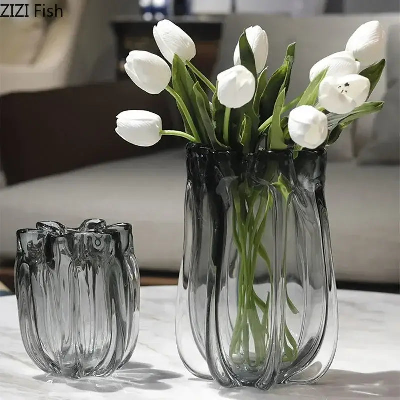 DecorBites glass vase hydroponics desk decoration dark gray glass vase with fluted design holding white tulips