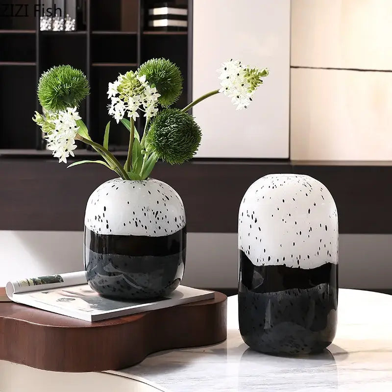 Black and white speckled ceramic decorbites glass vase with glossy finish for vase hydroponics flower desk decor