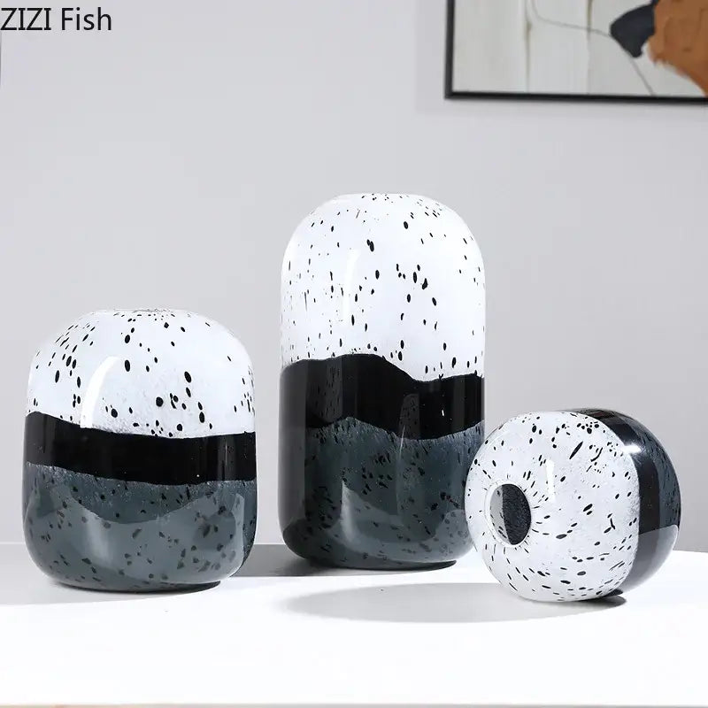 Set of three decorbites glass vase hydroponics with black and white speckled patterns and glossy finishes in varying shapes