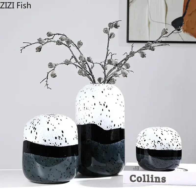 Set of three decorbites glass vase hydroponics ceramic vases with black and white speckled glaze and glossy dark gray base