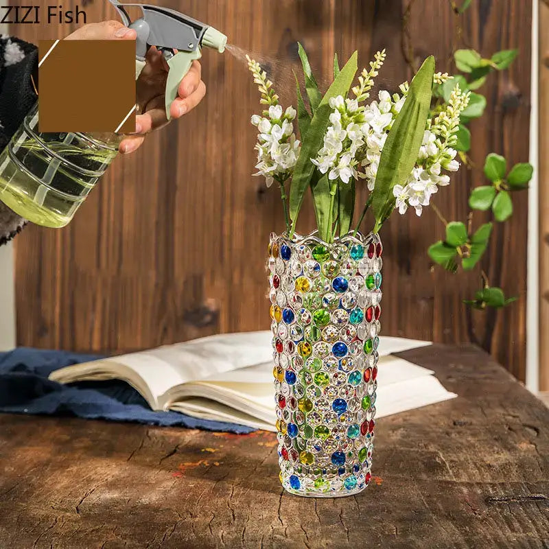 Tall cylindrical decorbites glass vase with colorful gemstone mosaic for hydroponics flower pots and desk decoration