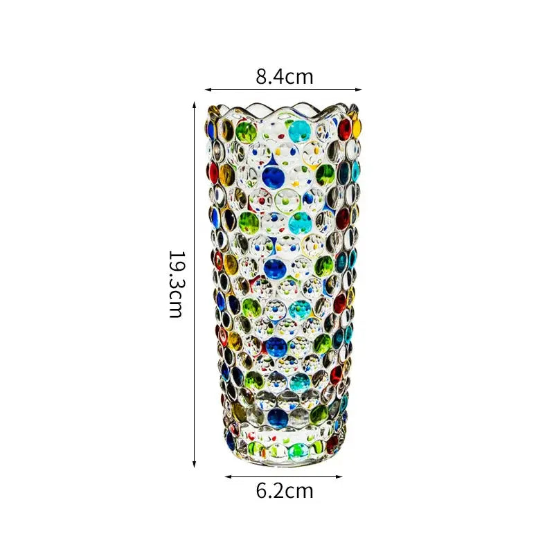 Tall decorbites glass vase with vibrant multicolored bead mosaic in blue green red and yellow for hydroponics flower pots