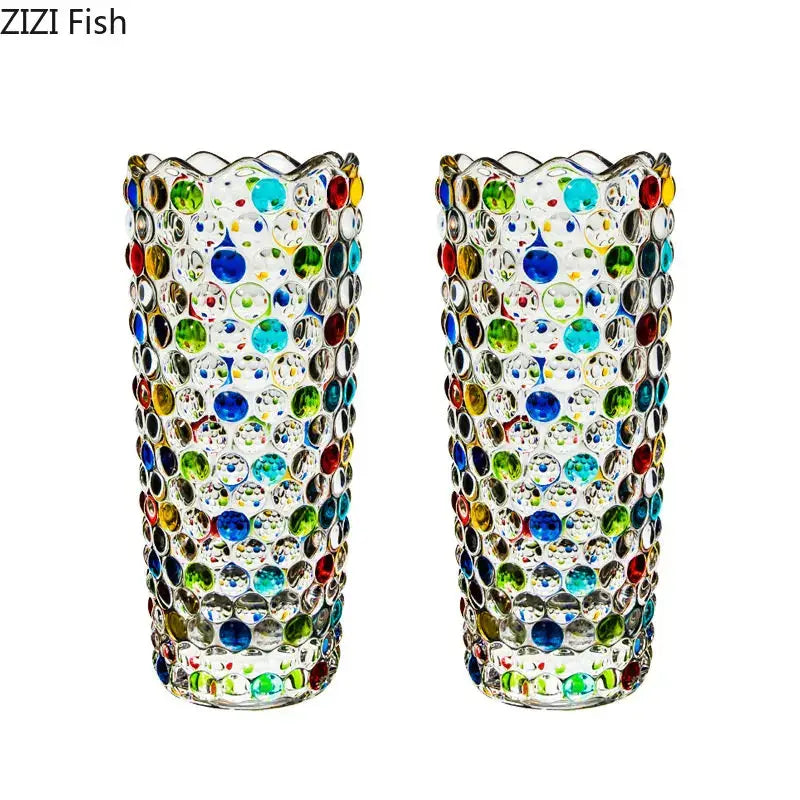 Two clear glass vases with colorful embedded beads in blue green red and yellow decorbites glass vase hydroponics flower pots