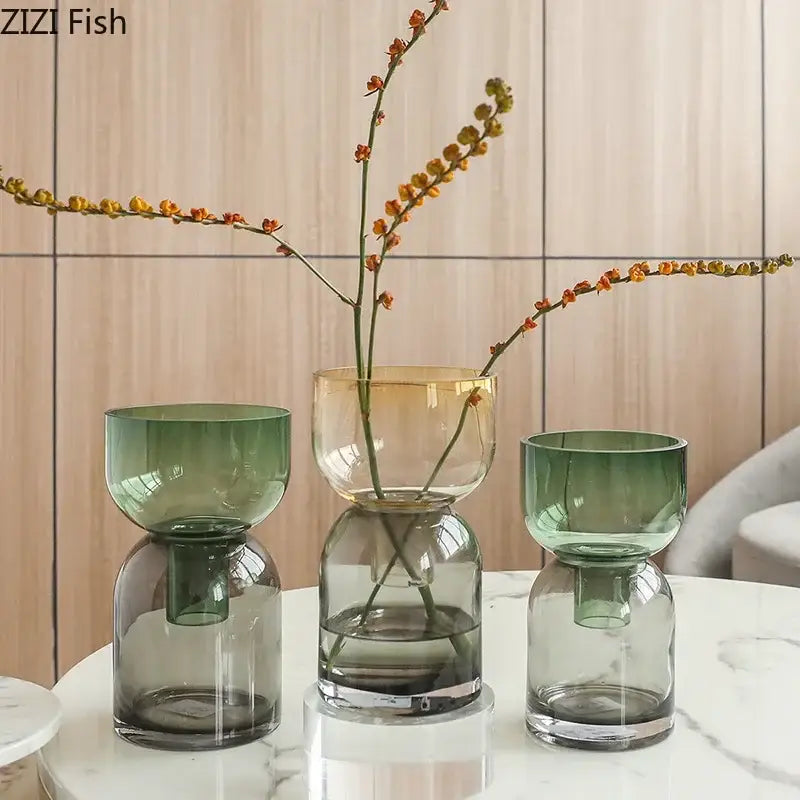 Set of three decorbites glass vase flower pots with gradient green and amber stacked design for hydroponics and decoration