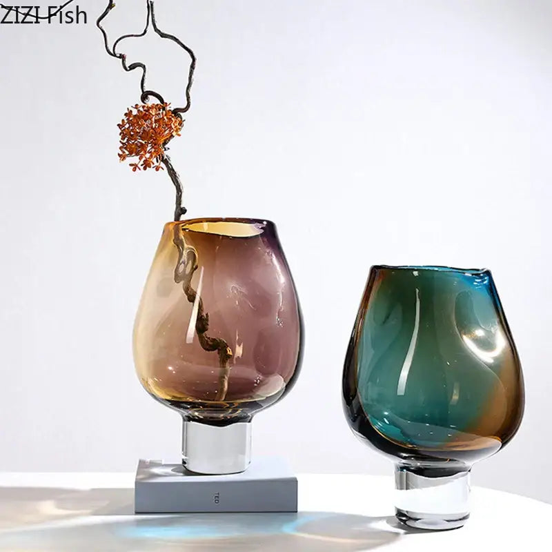Two hand-blown decorbites glass vase hydroponics plant pots with gradient coloration and modern sculptural design