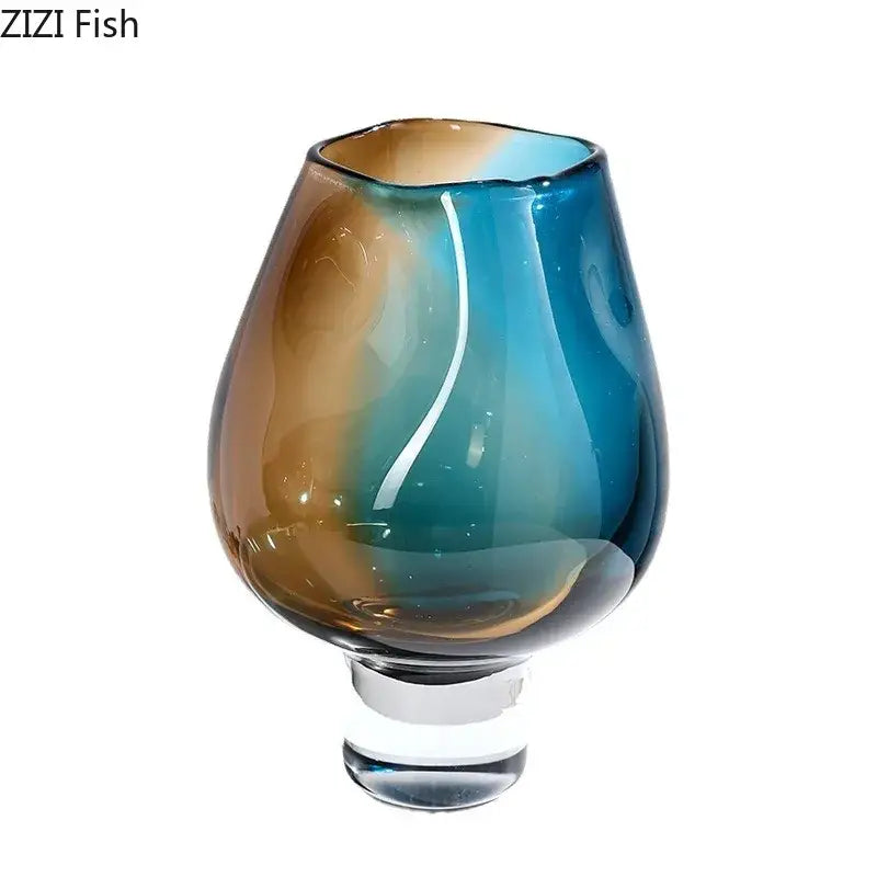 DecorBites glass vase hydroponics with gradient amber to deep blue glass and clear crystal base for table decoration