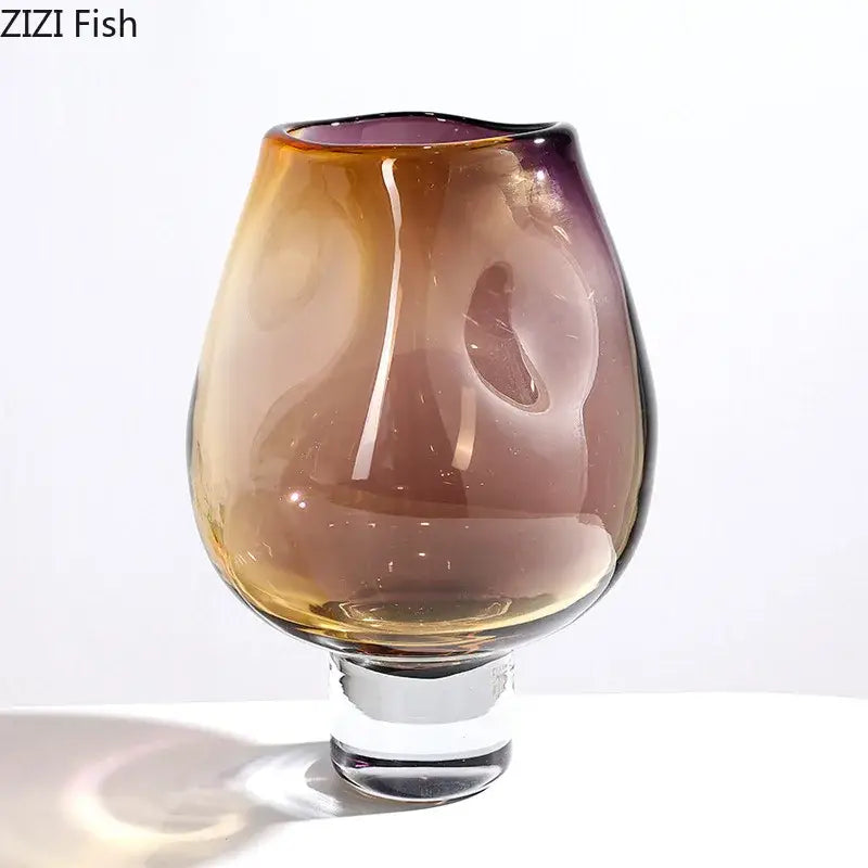 Decorbites glass vase hydroponics plant pot with translucent amber to purple gradient and clear crystal base