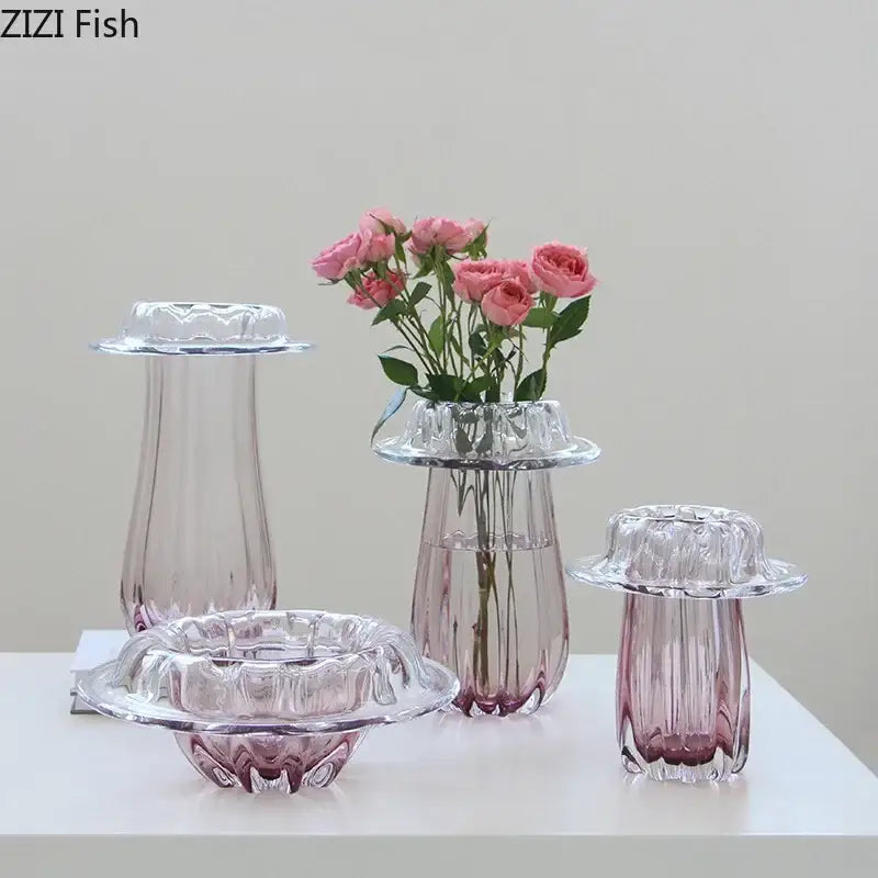 Decorbites glass vase hydroponics with clear glass and pink tinted fluted rims for table flower arrangement decor