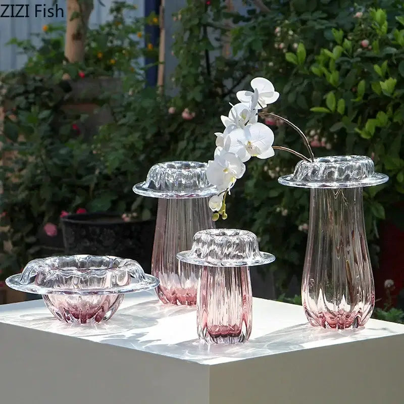 Decorbites glass vase with fluted mushroom design and pink-tinted bases for hydroponics table decoration