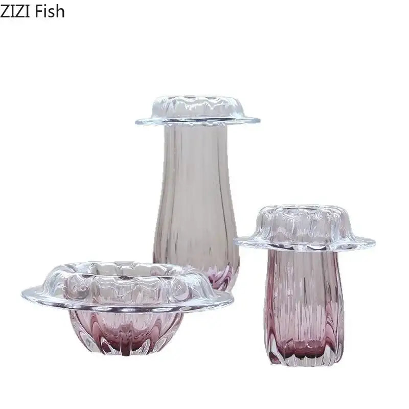 Set of three translucent decorbites glass vase with fluted rims and pink base for glass vase hydroponics table decor