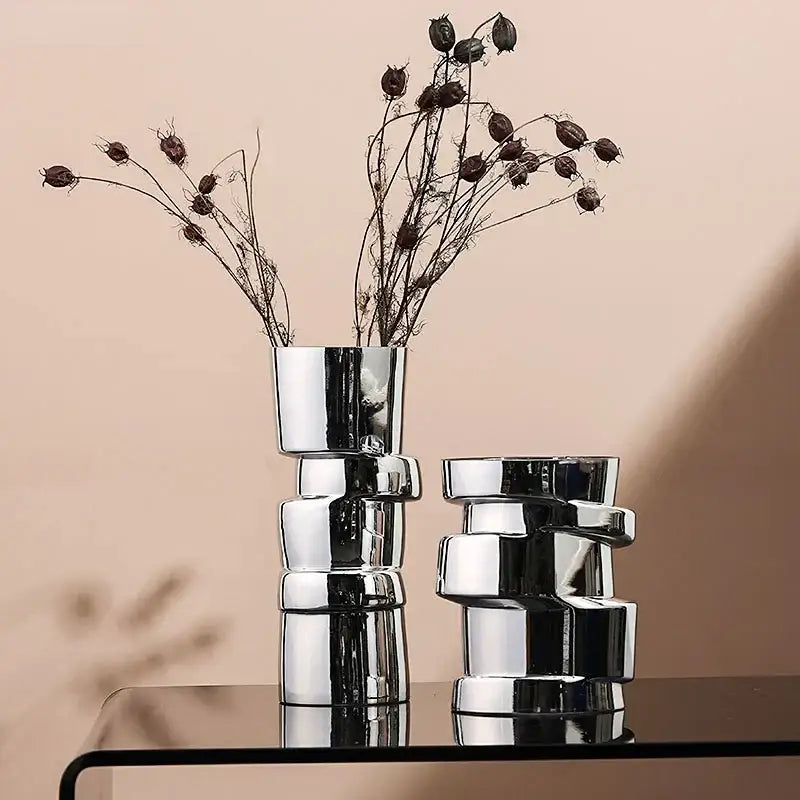 Shiny chrome decorbites glass vase with twist shape cylindrical segments for hydroponics and terrarium decoration