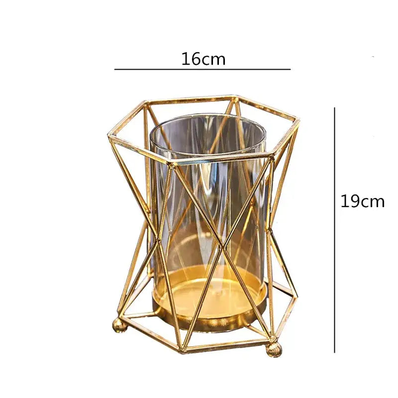 Gold geometric metal frame holding clear glass vase decorbites glass vase metal for wedding decor and flower arrangement