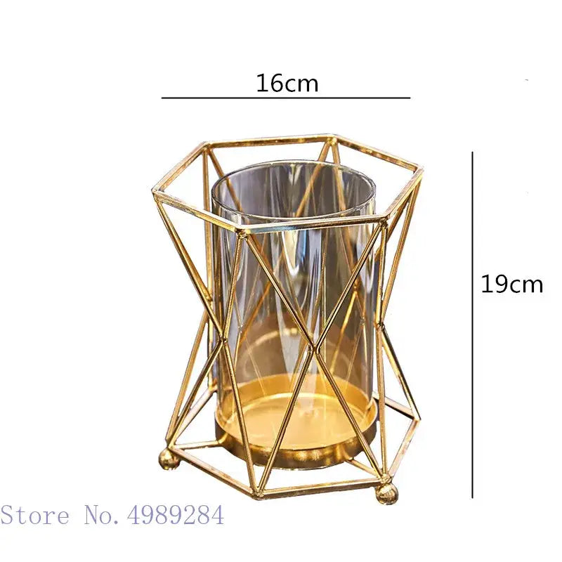 Gold geometric metal frame holding clear glass vase decorbites glass vase metal for flower arrangement and wedding decor