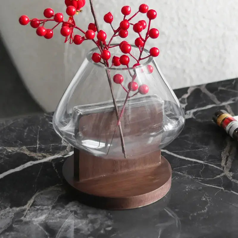 Decorbites glass vase terrarium with clear glass and wooden base holding red berry branches for home decoration