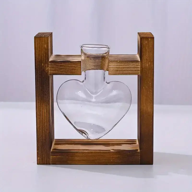 DecorBites glass vase terrarium with clear heart hydroponic plant design and wooden frame for elegant display