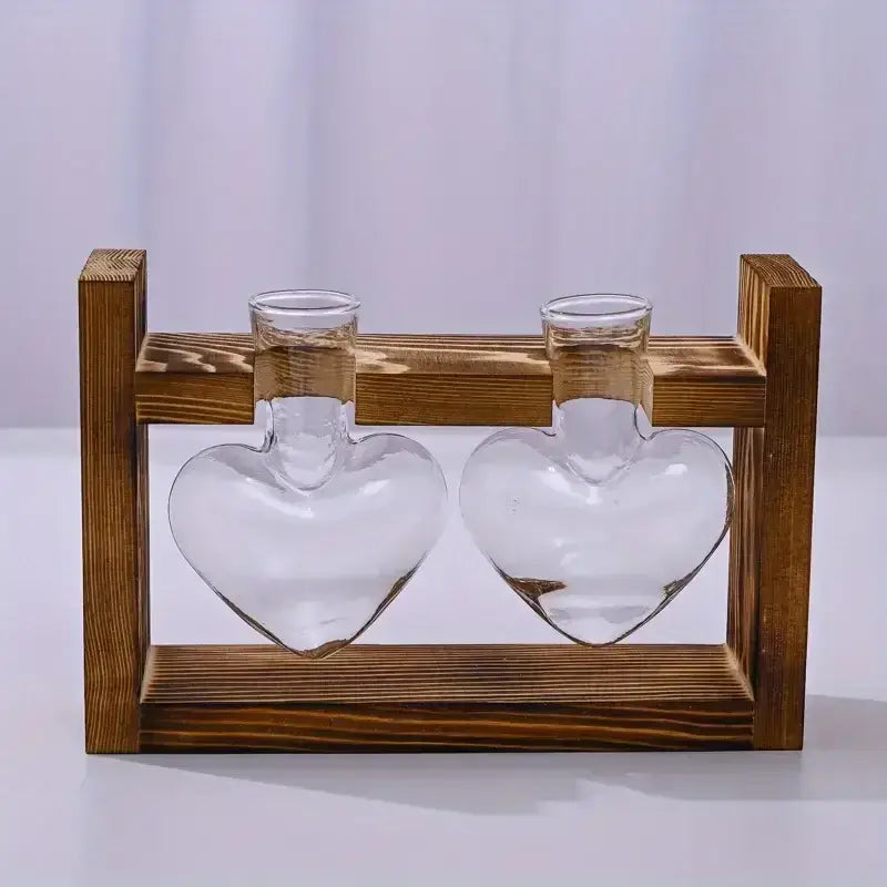 Decorbites glass vase terrarium featuring two clear heart-shaped vases with narrow necks in rustic wooden frame