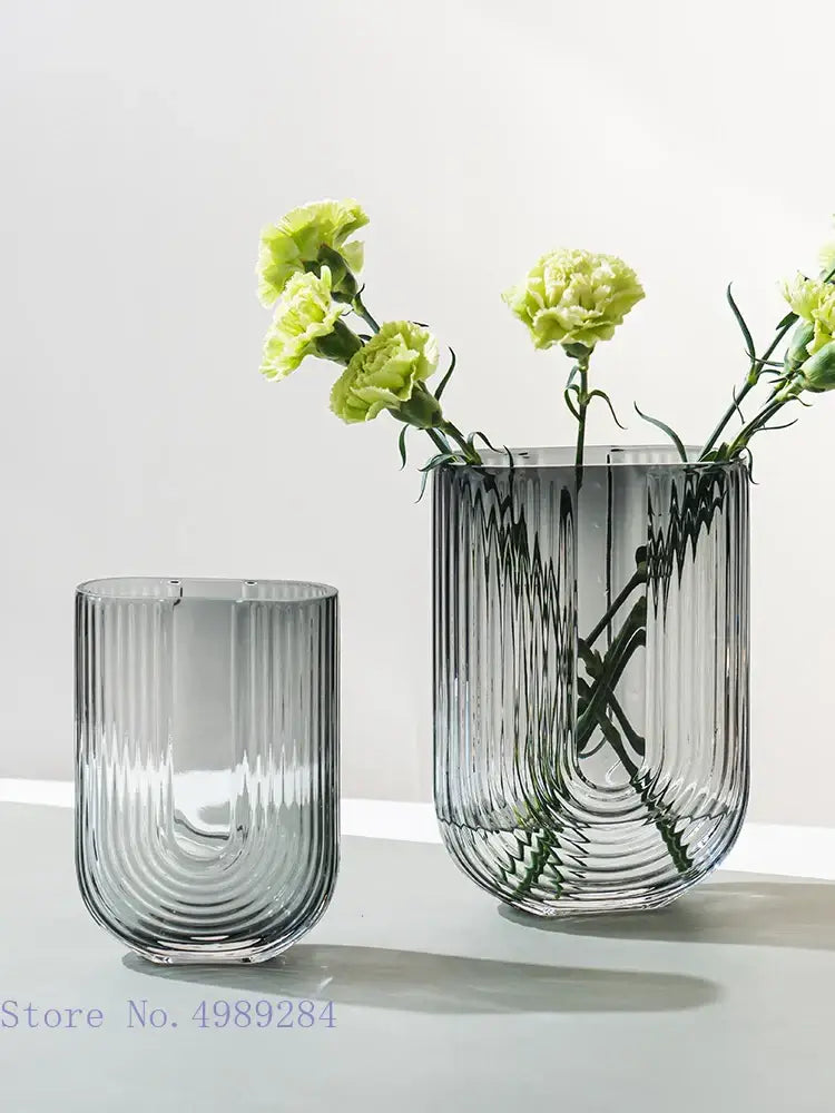 DecorBites glass vase in translucent gray glass with vertical ribbed detailing for modern flower arrangement