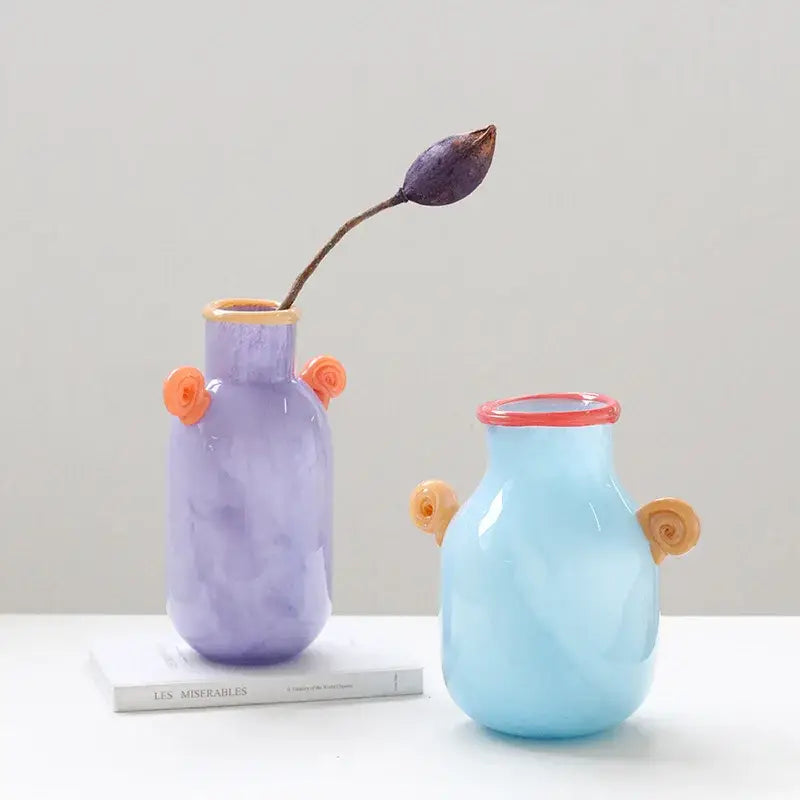 Decorbites glass vase set featuring purple and light blue glass with orange spiral candy handles for home decor and floral arrangements