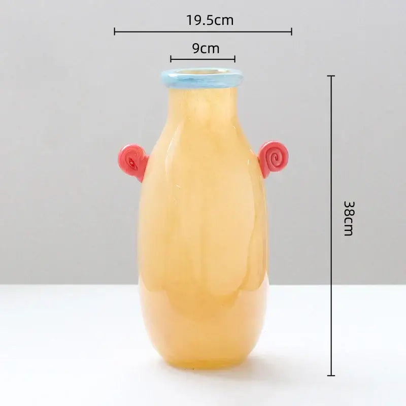 DecorBites glass vase amber translucent with light blue rim and red spiral handles for home decor and floral arrangements
