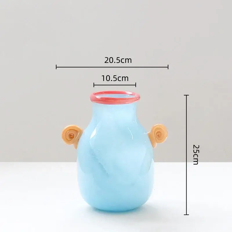 DecorBites glass vase translucent light blue with pink rim and tan spiral handles for home decor and floral arrangements