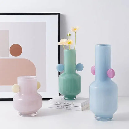 Pastel-colored decorbites glass vase with rounded colorful spherical handles for floral arrangement accessory