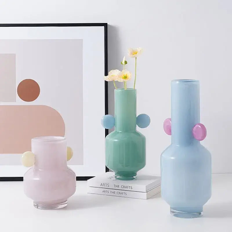 Pastel-colored decorbites glass vase with rounded colorful spherical handles for floral arrangement accessory