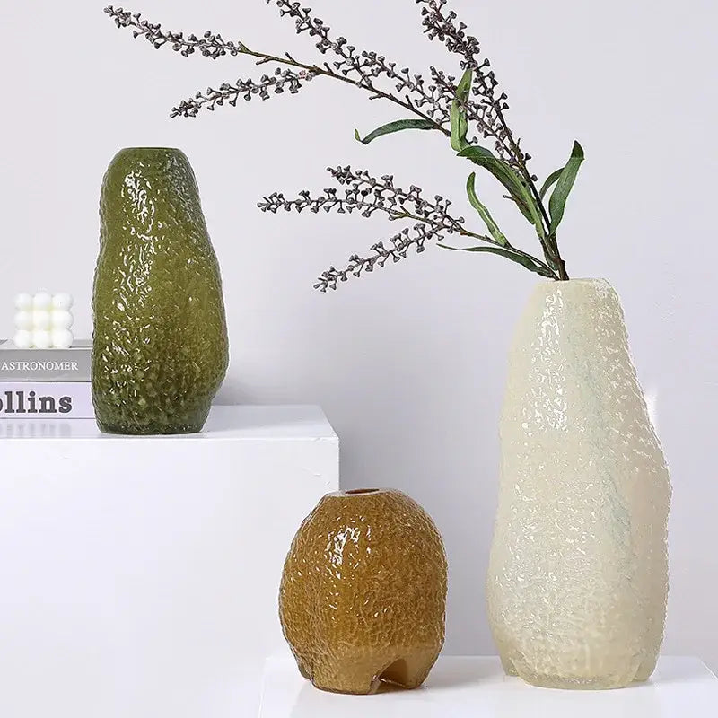 Three textured decorbites glass vases in olive green beige and amber with pebbled surface for flower arrangement and decor