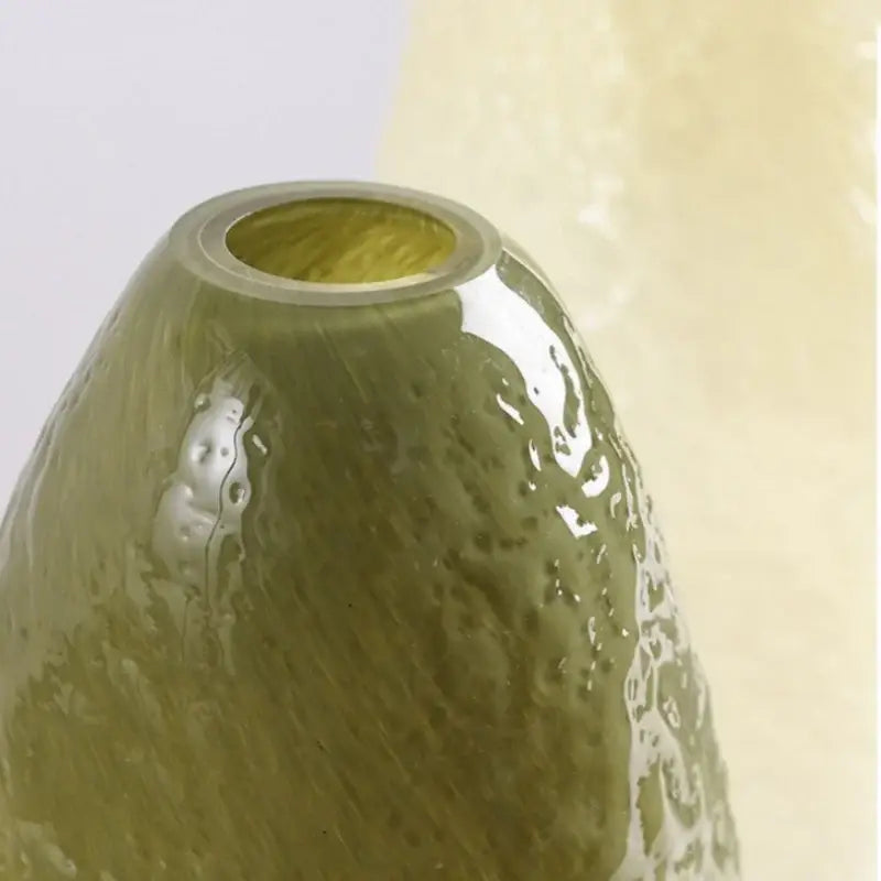 Olive-green textured decorbites glass vase with glossy finish and amber interior for flower arrangement and home decor