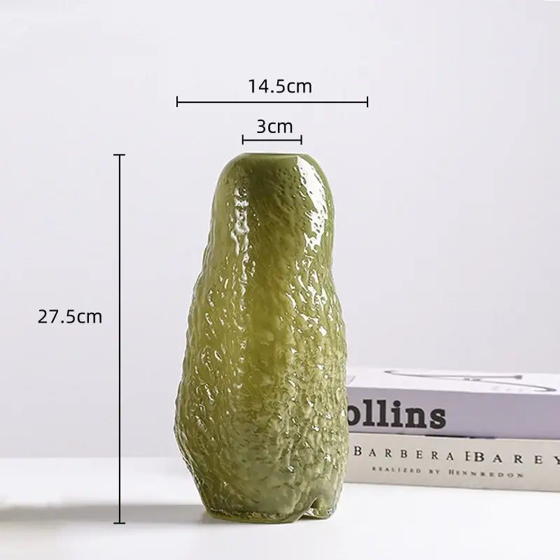 Glossy olive-green ceramic DecorBites glass vase shaped like a textured pickle for flower arrangement and home decor