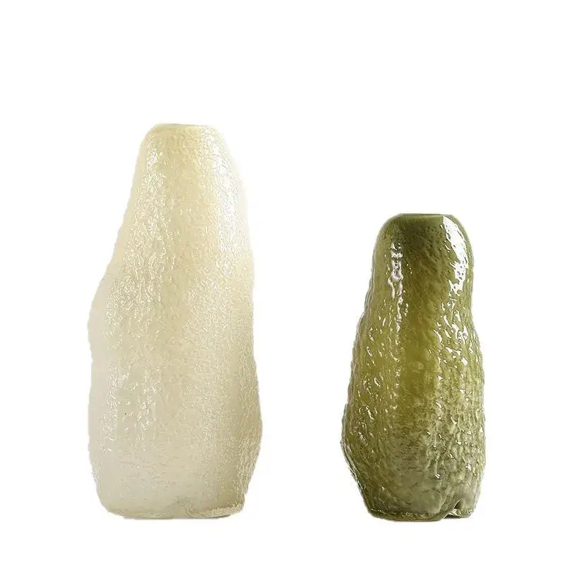 Two ceramic pickle-shaped decorbites glass vases in creamy off-white and glossy olive green for home decor