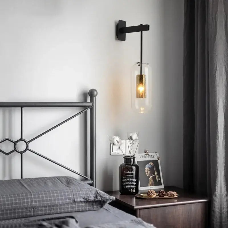 Black metal glass wall art light with clear glass cylinder and golden filament bulb for modern loft decor