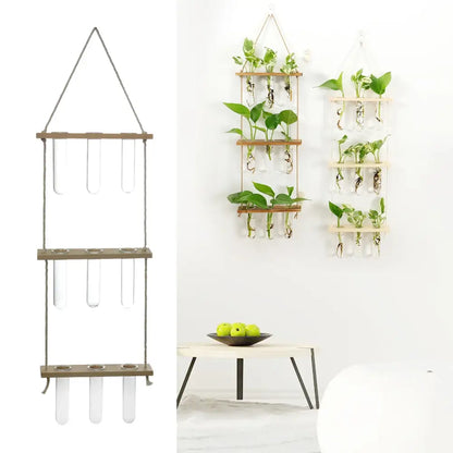 DecorBites™ glass wall hanging planters with wooden holder featuring three-tier test tube design for green plants