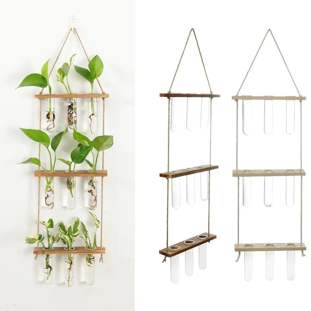 Wooden holder wall hanging planter with clear glass test tubes and natural twine by DecorBites™