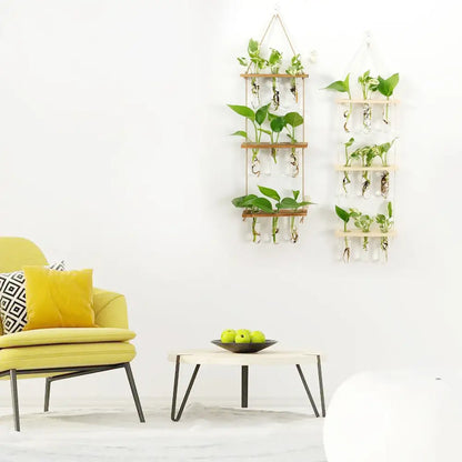 DecorBites™ glass wall hanging planters with wooden holder feature two vertical wooden planters with clear test tubes
