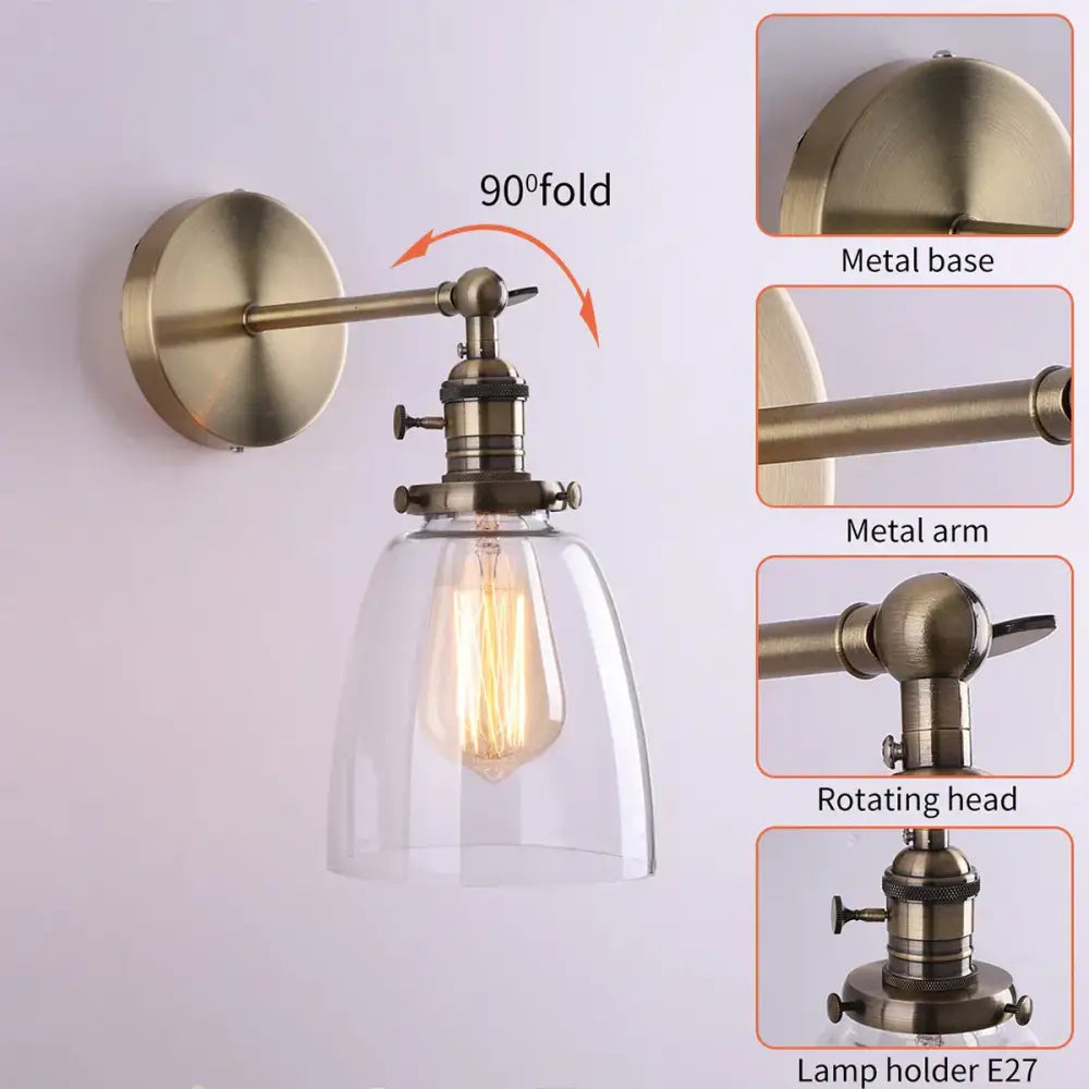 Antique brass-finished wall lamp decorbites™ with clear glass shade and exposed Edison bulb for living room lighting