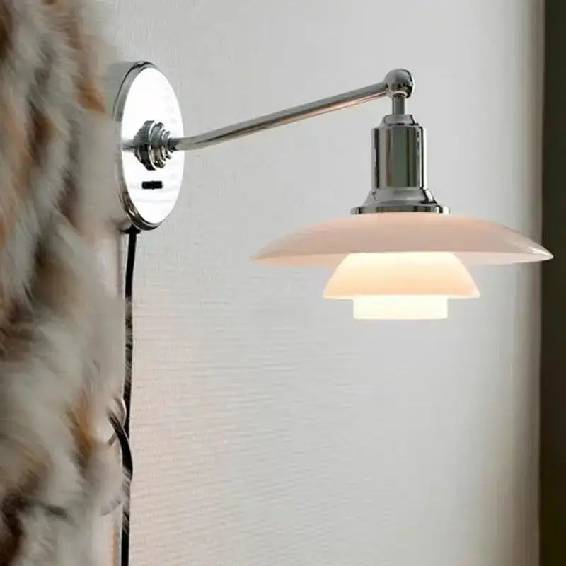 Chrome finished decorbites glass wall lamp with tiered off-white glass shade for home decor and living room lighting