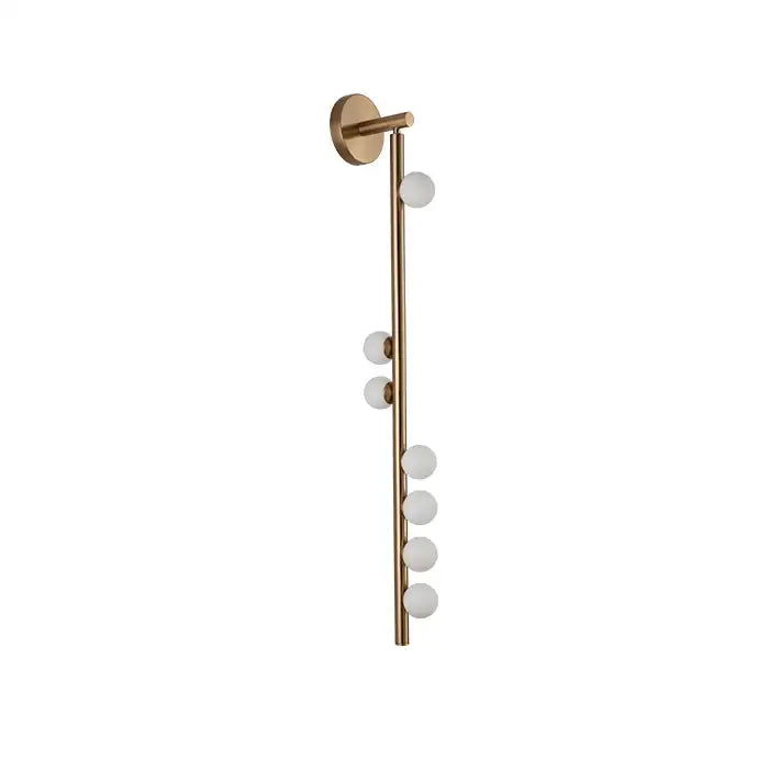 A modern brass DecorBites glass wall lamp with seven frosted glass globe bulbs for living room and bedroom use