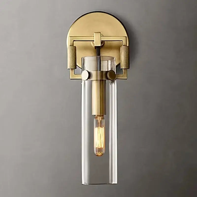 Brass-finished decorbites glass wall lamp with clear glass cylinders and filament bulb for bedroom and loft