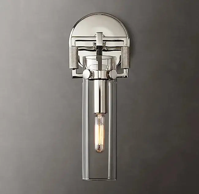 Chrome-finished decorbites glass wall lamp with clear glass cylinder and exposed filament bulb for bedroom and loft