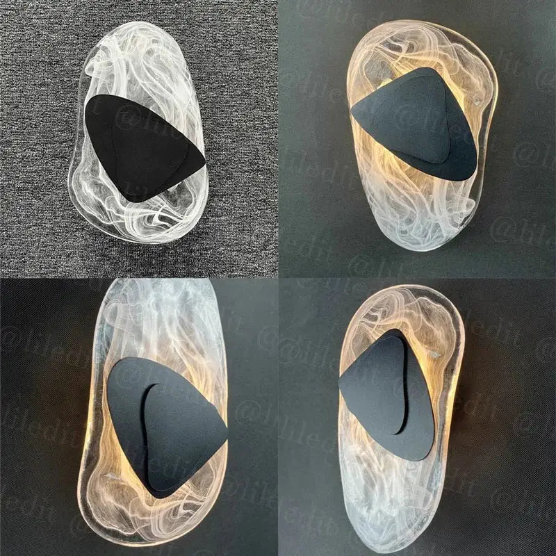 Decorbites glass wall lamp LED sconce with transparent swirling resin and black triangular accent for bedroom and living room