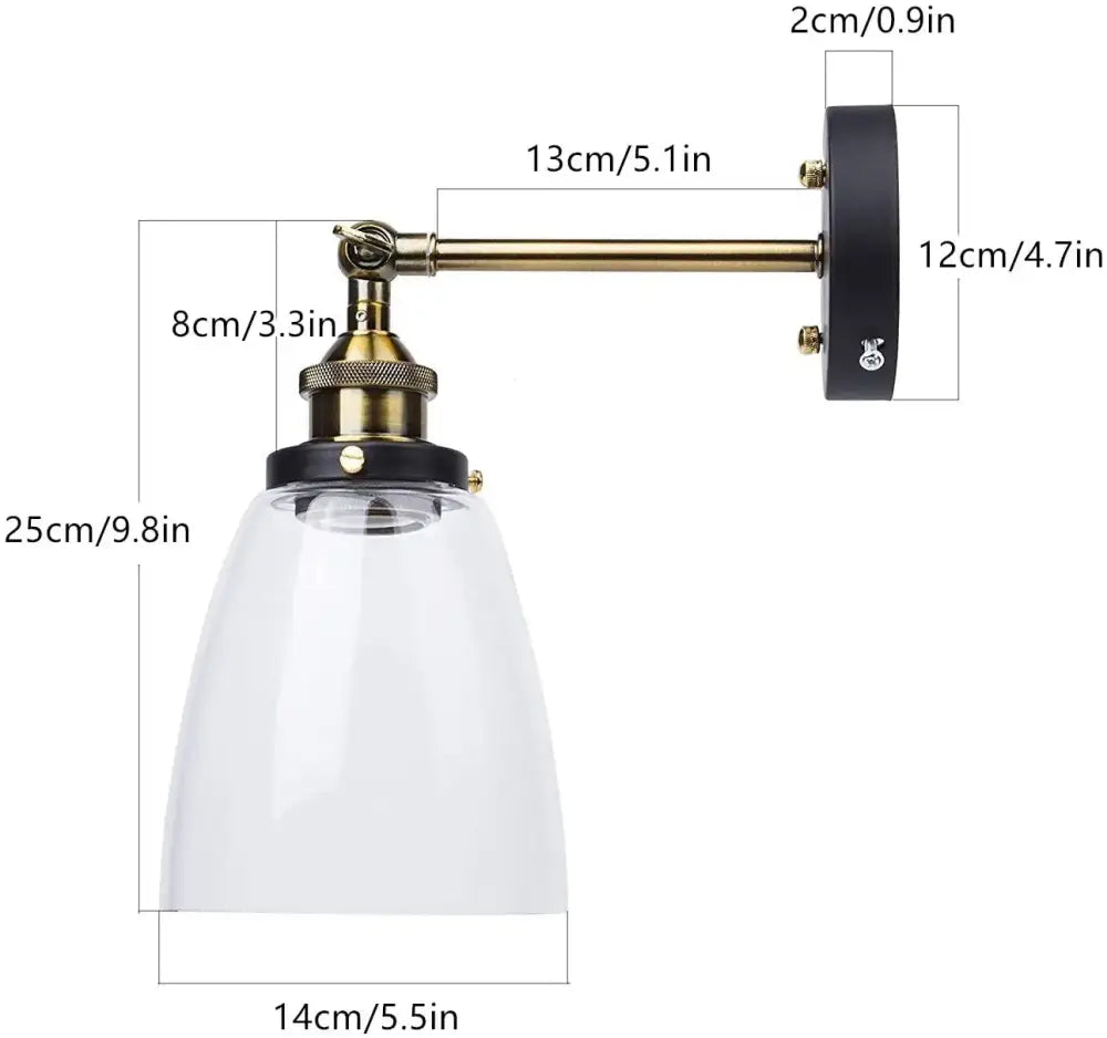 Decorbites glass wall lamp with clear glass bell-shaped shade and brass arm mounted on black wall plate for indoor use
