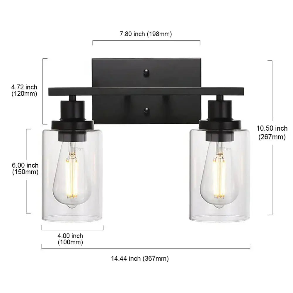 Black metal decorbites glass wall lamp with two clear glass cylinders and vintage filament bulbs for modern indoor lighting