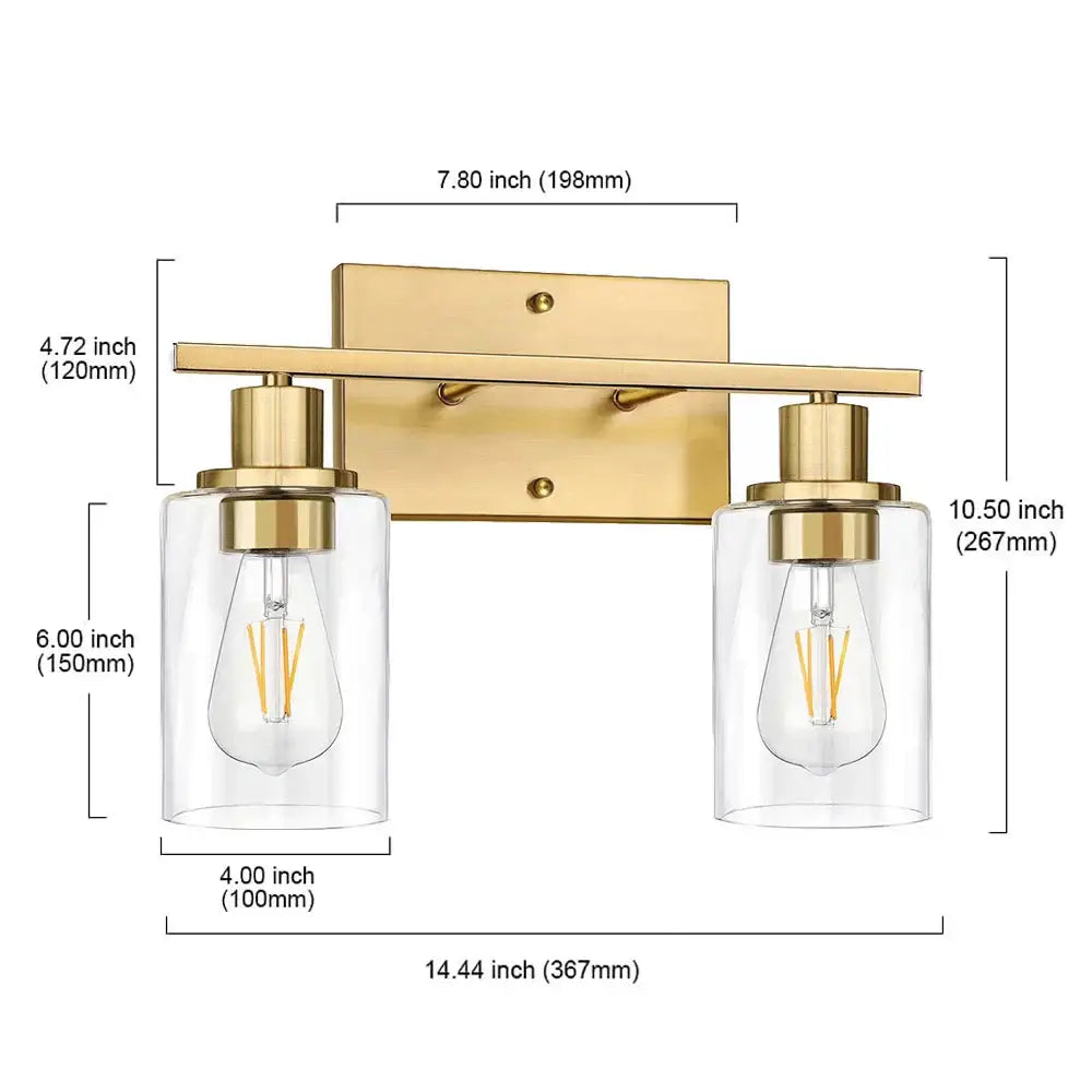 Gold-finished decorbites glass wall lamp with two clear glass cylinders and exposed filament bulbs for indoor use