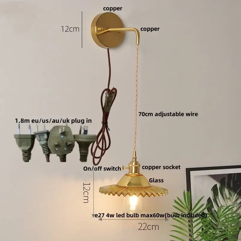 Gold-toned copper decorbites glass wall lamp with scalloped glass shade and adjustable 70cm wire for versatile lighting
